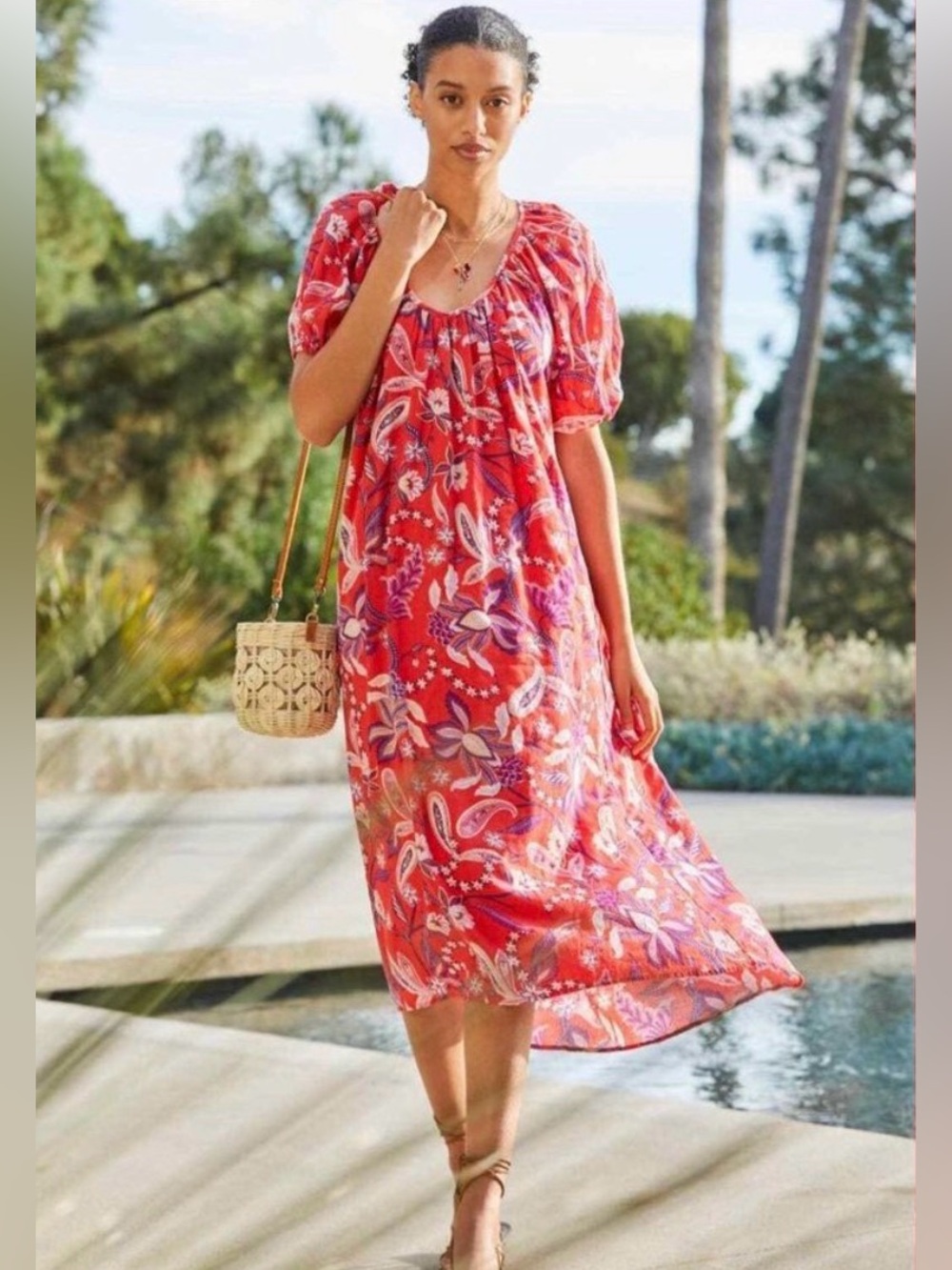 Anthropologie Sundry Floral Cotton Midi Dress Pockets Red Floral Hi-Low Hem L